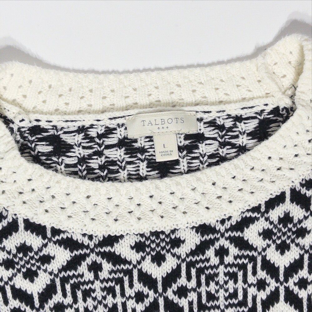 Talbots Ivory White & Black Fair Isle 100% Cotton Knit Sweater Women Size L (B5) - Picture 5 of 8